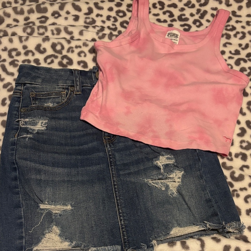 American Eagle Jean Skirt and VS Pink Tank Set